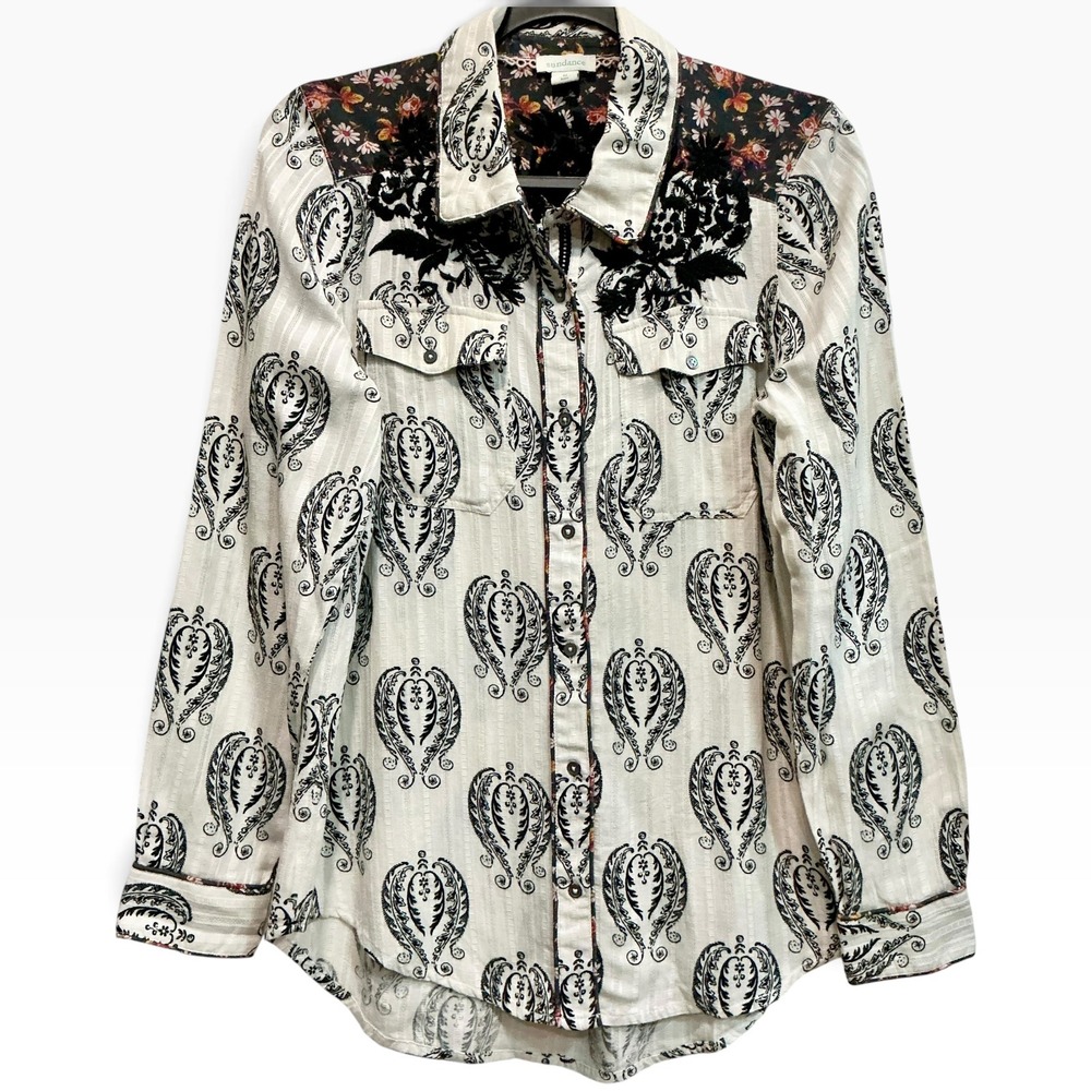 Sundance Michaela Button Down Shirt Batik Embroidered Floral Western Boho M
